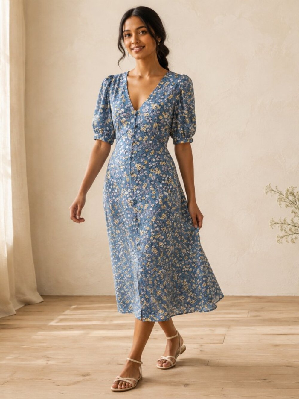 NWT RW&CO Dusty Blue Ditsy Floral V-Neck Midi Dress Full Button Front Med.